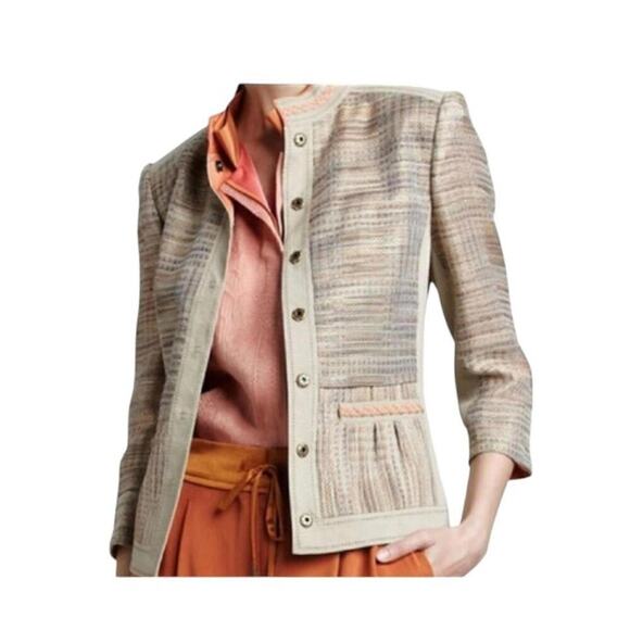 Elie Tahari Mandarin Collar Blazer Snaps Tan & Orange Braided Details Size 8 - Picture 1 of 11